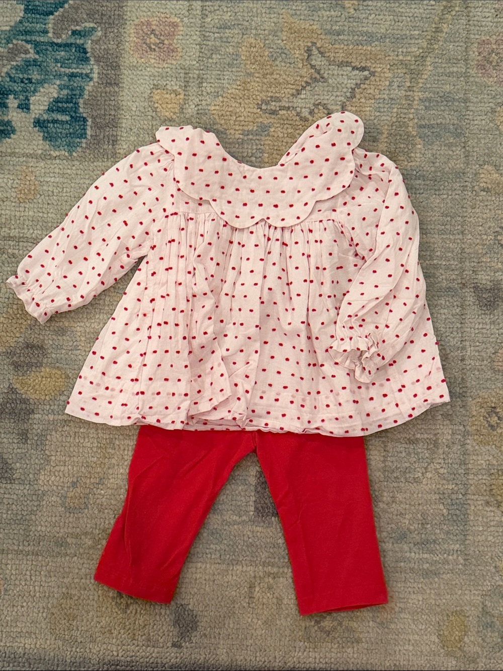 Cecil & Lou Swiss Dot Ruffle Collar Top and Red Leggings Set